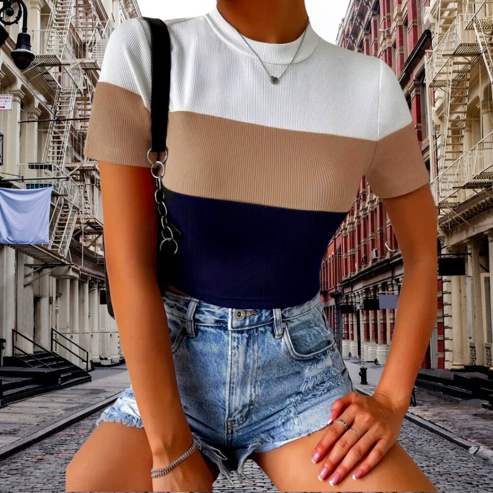 🌟 White, Tan, Navy Crew Neck Top, size XS, elastane, polyester